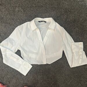 Zara White Cropped Shirt with Long Sleeves